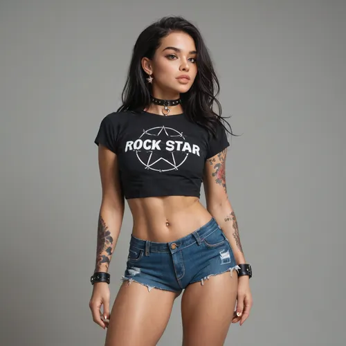 Female rock star on stage. Long dark hair. Firm tits under a short black t shirt. Tiny denim shorts. Tattoos. Leather choker. Leather wrist bands.
