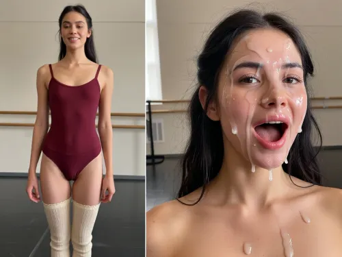 (side-by-side, two full body shot pictures, of the same 6 foot 2 inch tall and 35kg extreme skinny anorexic very slender native-american 26yo adult ballet dancer with small tits, long skinny legs, narrow hips, thigh gap, long slim legs, with long black hair and tall narrow nose and narrow long face, moles:1.2), BREAK, in the left picture she looks shy and laughing happy, dressed in tight maroon ballet costume and cream colored knitted tights, (right picture her face and forehead and hair is completely covered in excessive amounts of realistic semi-transparent cum, an excessive amount of cum is on her face and in her mouth and in her hair, cum is dripping down on her nude chest, cum dripping from nose and chin, cum in hair, cum in eyes), her eyes are open wide, but filled with sticky cum, her hair is messy, (her facial expression in the right picture is extremely horny, moaning in delight, cum is gushing from her mouth:1.2), ((The woman is the same extreme skinny tall pretty adult woman on both pictures, same pose:1.3)), Background for both pictures is ballet practice hall, extremely naturalistic an realistic