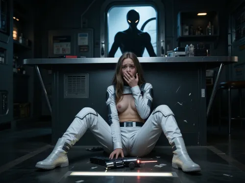 (((A beautiful petite, small chested, small waist, 18 yo girl, caucasian, cute face, long hair))), is sitting on floor behind a short spaceship counter, she is scared, she is trying to keep quiet, one hand covering her mouth, the silouete of an alien monster is in the background, alien is in a doorway, on a spaceship, (((girl is wearing full body spacesuit))), broken laser gun at her feet, tense atmosphere, the room is extremely dark, the only light is coming from a small light strip at her feet, cinematic composition, photorealistic, 8k resolution.