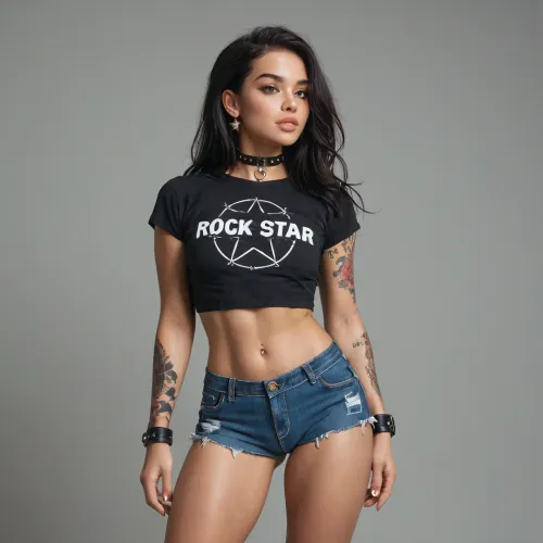 Female rock star on stage. Long dark hair. Firm tits under a short black t shirt. Tiny denim shorts. Tattoos. Leather choker. Leather wrist bands.