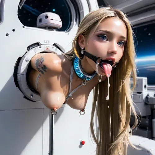 (spacecraft large control large room:1.4), (POV slightly side view:1.3), ((narrow innocent looking face:1.6)), (light very white high-tech sci-fi bdsm machine behind:1.7), ((white machine up to height of breast:1.8)), (young beautiful petite woman:1.7), (((girl is stuck leaning forward up in a small horizontal hole with bdsm light machine behind:1.6))), ((lower body hidden to breasts into horizontal big machine behind:1.9)), ((lever rod fixed to back of head from behind:1.8)), (arms behind in machine:1.7), (((stuck from small horizontal rim machine behind:1.6))), ((electronic mouth spreader ring gag:1.7)), (very wide open mouth:1.6), ((model cutie:1.8)), (perfect:1.5), (slender fit skinny:1.6), (small thin waist:1.3), (tattooed wide shoulders:1.4), (clear narrow detailed perfect light blue-grey eyes:1.6), (she looking up:1.3), (perfect lips), ((very long wide smooth light white tongue out down:1.7)), ((round tongue's end:1.6)), (piercing on center of tongue:1.3), (cum flows out from mouth:1.7), (cum on face:1.3), (glowing light white massive very oversized electronic collar device around very short throat:1.6), (blonde smooth silky long hair:1.5), ((very large distance between rounded large spherical breasts:1.6)), (tan fair very oiled skin:1.6), (very beautiful perfect face:1.7), thin beautiful eyebrows, (very gorgeous:1.5), (sexy:1.4), (nipple ring piercings:1.4), (satisfied:1.6), (tattoo:1.3), (seductive sexy makeup:1.5), (long black eyelashes:1.4), lipstick, (stunning:1.3), (dimples on cheeks:1.4), (portholes:1.1), (masterpiece:1.1), <lora:skinny11:.5>, <lora:Microwaist_XL_v01:1.5>