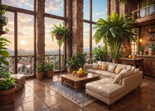 The scene, looking out at the sunset on the corner balcony of a 12 ft ceiling apartment, large floor to ceiling windows, skyscraper, focus on the outside, while balcony has stone floors, the interior which is an open floorplan with aged mahogany wood floors, a cream colored lounge chair is on the inside, a burnt-ornange deck chair can be found on the outside, large ceiling beam goes across the ceiling, stone arch, brick walls, brick walls SEVERAL MATURED PLANTS are on the inside and outside of the apartment, [types of plants include a matured mix of the following], (Epipremnum aureum), (Dracaena trifasciata), (Philodendron scandens), (Hedera helix), far in the distance is a mountain that is deeply forested, one of the plants hangs from the ceiling. The balcony is half ceiling half skylight.