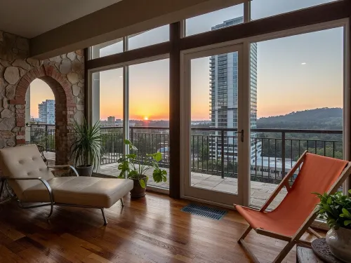 The scene, looking out at the sunset on the corner balcony of a 12 ft ceiling apartment, large floor to ceiling windows, skyscraper, focus on the outside, while balcony has stone floors, the interior which is an open floorplan with aged mahogany wood floors, a cream colored lounge chair is on the inside, a burnt-ornange deck chair can be found on the outside, large ceiling beam goes across the ceiling, stone arch, brick walls, SEVERAL MATURED PLANTS are on the inside and outside of the apartment, [types of plants include a matured mix of the following], (Epipremnum aureum), (Dracaena trifasciata), (Philodendron scandens), (Hedera helix), far in the distance is a mountain that is deeply forested, one of the plants hangs from the ceiling. The balcony is half ceiling half skylight.