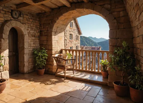 The scene, looking out at the sunset on the corner balcony of a 12 ft ceiling apartment, large floor to ceiling windows, skyscraper, focus on the outside, while balcony has stone floors, the interior which is an open floorplan with aged mahogany wood floors, a cream colored lounge chair is on the inside, a burnt-ornange deck chair can be found on the outside, large ceiling beam goes across the ceiling, stone arch, brick walls, brick walls SEVERAL MATURED PLANTS are on the inside and outside of the apartment, [types of plants include a matured mix of the following], (Epipremnum aureum), (Dracaena trifasciata), (Philodendron scandens), (Hedera helix), far in the distance is a mountain that is deeply forested, one of the plants hangs from the ceiling. The balcony is half ceiling half skylight.