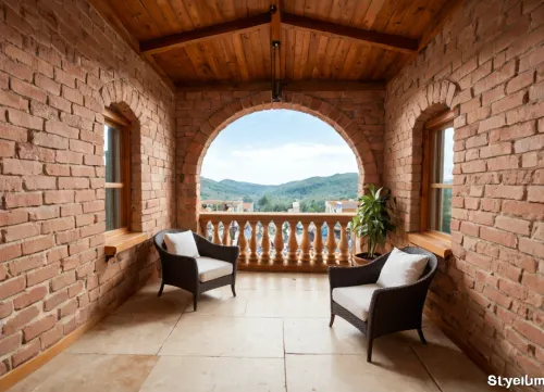 The scene, looking out at the sunset on the corner balcony of a 12 ft ceiling apartment, large floor to ceiling windows, skyscraper, focus on the outside, while balcony has stone floors, the interior which is an open floorplan with aged mahogany wood floors, a cream colored lounge chair is on the inside, a burnt-ornange deck chair can be found on the outside, large ceiling beam goes across the ceiling, stone arch, brick walls, brick walls SEVERAL MATURED PLANTS are on the inside and outside of the apartment, [types of plants include a matured mix of the following], (Epipremnum aureum), (Dracaena trifasciata), (Philodendron scandens), (Hedera helix), far in the distance is a mountain that is deeply forested, one of the plants hangs from the ceiling. The balcony is half ceiling half skylight.