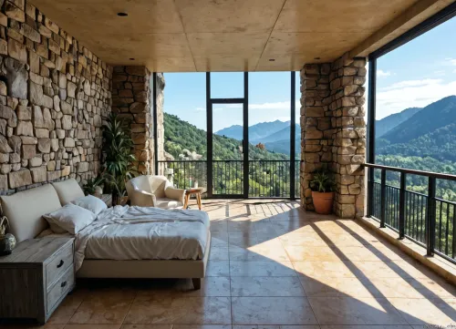 The scene, looking out at the sunset on the corner balcony of a 12 ft ceiling apartment, large floor to ceiling windows, skyscraper, focus on the outside, while balcony has stone floors, the interior which is an open floorplan with aged mahogany wood floors, a cream colored lounge chair is on the inside, a burnt-ornange deck chair can be found on the outside, large ceiling beam goes across the ceiling, stone arch, brick walls, brick walls SEVERAL MATURED PLANTS are on the inside and outside of the apartment, [types of plants include a matured mix of the following], (Epipremnum aureum), (Dracaena trifasciata), (Philodendron scandens), (Hedera helix), far in the distance is a mountain that is deeply forested, one of the plants hangs from the ceiling. The balcony is half ceiling half skylight.