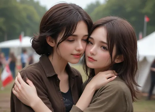 A photorealistic, documentary-style close-up captures a young couple embracing after a muddy obstacle race, both smiling with tired, affectionate joy as wet mud streaks their faces, hair, skin, and dark athletic clothing.

Their nuzzling faces and relaxed embrace fill the frame, while a softly blurred crowd, muddy field, tents, flags, distant trees, and overcast daylight create an earthy, candid festival atmosphere with natural texture and shallow depth of field.