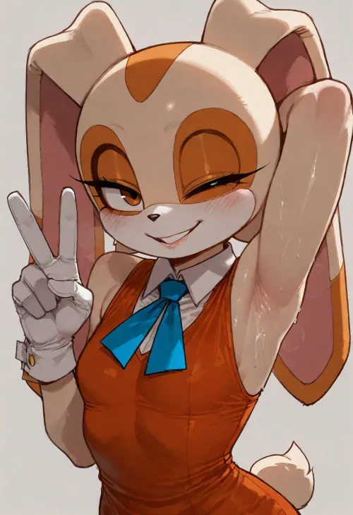 (ratatatat74), (Cream the rabbit, furry, gloves), solo, armpit fetish, sweaty armpit, smile, wink, peace sign, looking at viewer, side view, <lora:ratatatat74-000050:2>