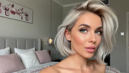 playful portrait of a confident woman posing sensually in her cozy bedroom with minimalist feminine decor, huge expressive eyes looking away in a coyly suggestive side-eye glance, her voluminous silvery-blonde hair in a cut in a short bob with one side swept back in a tousled finger combed look, her soft glossy lips are quirked in a smug smirk, delicate triangular face with high chiselled cheekbones, the subject is anchored to the side image with her bed featured prominently in the background using a rule-of-thirds composition