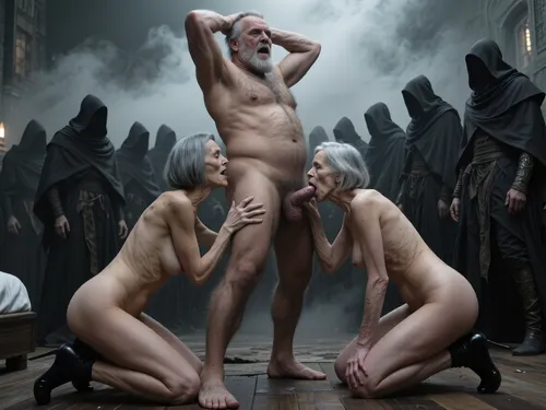 Low-angle shot, full profile. An elderly, obese, and hairy man with a large, hairy penis and testicles, displaying an expression of intense sexual pleasure, stands on his bedroom floor with his hands on his head. He is simultaneously receiving fellatio and anilingus from two elderly women, (both 90 years old, 1.8 meters tall), . Their skin is wrinkled. The elderly woman has gray hair cut in a bob, (small, long, sagging breasts, 1.8 meters tall), . Her skin is highly detailed. Her hair is cut in a bob. Another elderly woman, wrinkled and completely naked, wears black high heels. She is kneeling on either side of him. The woman performing anilingus is positioned behind him, holding his thighs while eagerly licking his anus, while the other woman grasps his penis and performs deep, intense fellatio. The participants are naked.
masterpiece, best quality, dark fantasy, a vast army of hooded figures, mysterious cultists walking together, wearing tattered dark cloaks and cowls, rear view, monochromatic color palette, muted grey and black tones, heavy fog, thick smoke, eerie atmosphere, dramatic cinematic lighting, gritty texture, highly detailed fabric folds, ominous mood, concept art by Greg Rutkowski and Zdzisław Beksiński