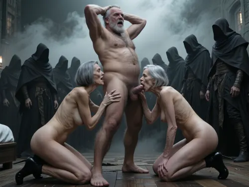 Low-angle shot, full profile. An elderly, obese, and hairy man with a large, hairy penis and testicles, displaying an expression of intense sexual pleasure, stands on his bedroom floor with his hands on his head. He is simultaneously receiving fellatio and anilingus from two elderly women, (both 90 years old, 1.8 meters tall), . Their skin is wrinkled. The elderly woman has gray hair cut in a bob, (small, long, sagging breasts, 1.8 meters tall), . Her skin is highly detailed. Her hair is cut in a bob. Another elderly woman, wrinkled and completely naked, wears black high heels. She is kneeling on either side of him. The woman performing anilingus is positioned behind him, holding his thighs while eagerly licking his anus, while the other woman grasps his penis and performs deep, intense fellatio. The participants are naked.
masterpiece, best quality, dark fantasy, a vast army of hooded figures, mysterious cultists walking together, wearing tattered dark cloaks and cowls, rear view, monochromatic color palette, muted grey and black tones, heavy fog, thick smoke, eerie atmosphere, dramatic cinematic lighting, gritty texture, highly detailed fabric folds, ominous mood, concept art by Greg Rutkowski and Zdzisław Beksiński