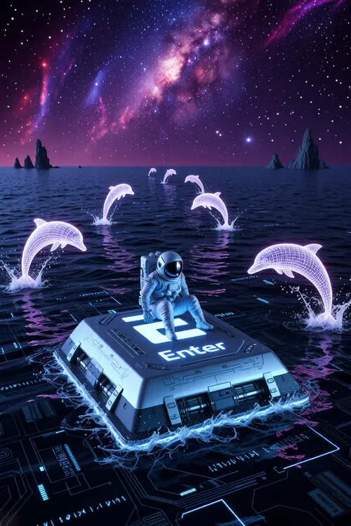 A surreal sci-fi scene, a lone astronaut in a white spacesuit with a dark, reflective visor sits on a giant “Enter” key from a computer keyboard, which is floating in the middle of a dark ocean. The key is massive, with the brightly glowing blue-and-white word “Enter” at the top and technical panels and connectors along the edges. Underwater, glowing microchip schematics and digital circuits are visible in blue and purple light, the seabed resembles the circuit board of an electronic device. Several holographic dolphins leap out of the water, rendered as a glowing white-and-purple mesh with a neon glow. The sky is deep space, filled with stars and a large, bright nebula in shades of pink, purple, and blue. On the horizon are dark, rocky islands. The water is dark blue, with reflections of neon light.