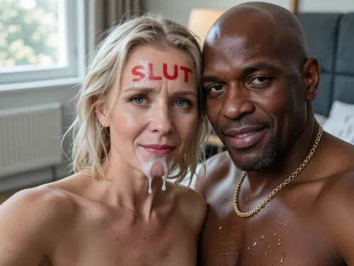 interracial couple, white woman and black man, (white russian woman 45yo, realistic face, mature, blonde, tousled short wet hair, facial, sperm on face and lips and on the foreheads, thick white sperm, ruined makeup:1.2), a tired smile, a confused, There is an inscription in red lipstick on her forehead "SLUT", A black brute african man 56yo with bald head, gold chain, after sex, satisfaction, Beads of sweat on his face, (a smug smile of superiority:1.3), (sweaty body:1.1), A casual, authentic front-facing smartphone selfie of a person, taken with an iPhone front camera. Natural slight wide-angle perspective and subtle arm's length composition. Authentic indoor lighting near a window, soft natural daylight illuminating the face, slight realistic skin texture with natural pores, no heavy airbrushing or studio filters. Candid expression, naked, slightly blurred background, (bokeh effect), of a cozy modern bedroom. Realistic color grading, high detail, 8k resolution, (photorealistic snapshot style --ar 9:16), --style raw --v 6.0