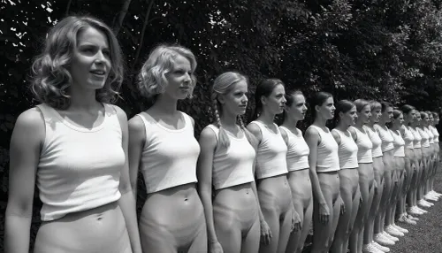 A black and white vintage photograph of a long, diagonal line of 20 year old nude women standing at attention outdoors, arranged in a receding row that stretches from the left foreground into the right background. The closest woman on the far left has wavy, shoulder-length light hair and wears only a white sleeveless tank top, her vagina is visible, reservedly smile and her gaze is directed slightly to her left, away from the camera. Beside her, the second woman has short, curly blonde hair framing her face, her gaze is directed slightly to her left, away from the camera, reservedly smile, only the same white tank top, her vagina is visible. The third woman, positioned near the center of the frame, has braided blonde twintails and her gaze is directed slightly to her left, wearing only the identical white top, her vagina is visible. To her right, the fourth woman her gaze is directed slightly to her left, and dark hair pulled back. The remaining women in the line recede into the distance to the right, each wearing only matching white tank tops, with their faces becoming progressively smaller and softer in focus, creating a strong sense of receding perspective. The women are standing close together, shoulder to shoulder, with their arms at their sides, forming a rigid, disciplined formation. Behind them, a dense wall of dark, leafy trees fills the background, rendered as a textured, out-of-focus mass of foliage. The lighting is bright, direct sunlight coming from the upper left, casting sharp, distinct shadows on the women' faces and clothing, with the first three women receiving the strongest, most sculpted illumination. The photograph has a grainy, high-contrast, black and white film aesthetic typical of mid-20th-century documentary or propaganda photography, with deep blacks in the shorts and background foliage and bright whites in the tank tops. The composition is a dynamic diagonal line that leads the eye from the bottom left to the upper right, emphasizing uniformity, youth, and disciplined group identity. The atmosphere is serious and formal, yet also marked by a certain cheerful lightness, it captures a moment of collective stillness and disciplined order in a sun-drenched, open-air setting.