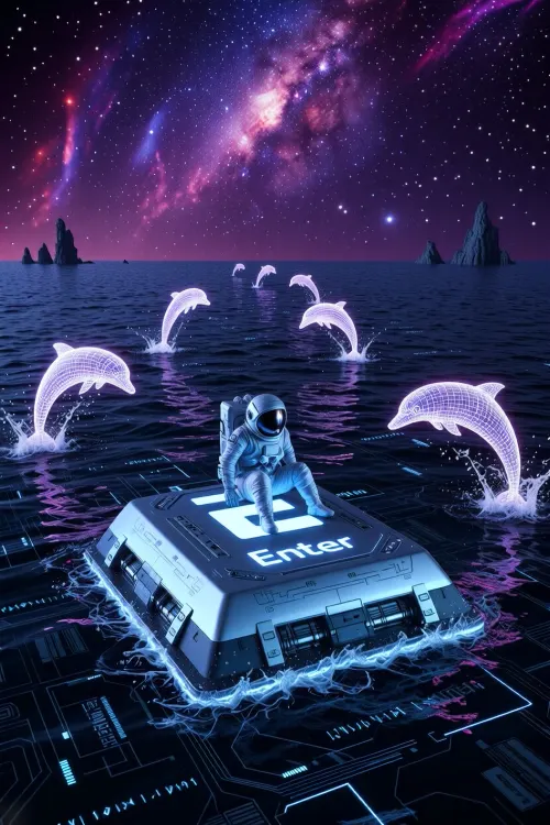 A surreal sci-fi scene, a lone astronaut in a white spacesuit with a dark, reflective visor sits on a giant “Enter” key from a computer keyboard, which is floating in the middle of a dark ocean. The key is massive, with the brightly glowing blue-and-white word “Enter” at the top and technical panels and connectors along the edges. Underwater, glowing microchip schematics and digital circuits are visible in blue and purple light, the seabed resembles the circuit board of an electronic device. Several holographic dolphins leap out of the water, rendered as a glowing white-and-purple mesh with a neon glow. The sky is deep space, filled with stars and a large, bright nebula in shades of pink, purple, and blue. On the horizon are dark, rocky islands. The water is dark blue, with reflections of neon light.
