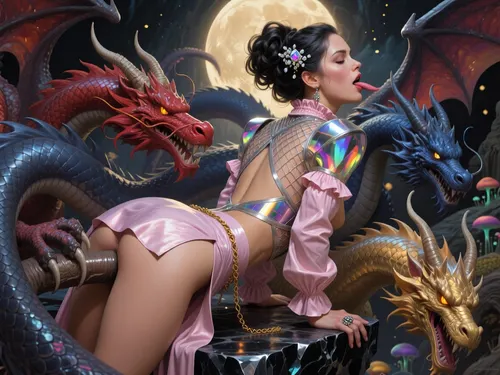 Digital fantasy illustration, epic painterly style with visible textured brushwork and rich saturated color, a radiant ethereal woman on her hands and knees atop a crystalline obsidian ledge, her spine arched high in rapturous ecstasy, head thrown back with eyes squeezed shut and mouth wide open in a breathless moan of total pleasure. Her voluminous shoulder-length dark curls are styled in an intricate braided updo at the top of her head, cascading with sparkling crystal headpieces that scatter prismatic rainbow light across the scene. Her face glows with flushed rosy cheeks, bold glossy red lips parted around a soft gasp, smoky heavy-lidded eyes lost in bliss. Her delicate ruffled pink satin blouse with its high collar is yanked open and pushed up to her midriff, the futuristic metallic mesh halter-neck bodice stretched taut across her arched back with asymmetrical cutouts glistening, the high-waisted asymmetrical wrap mini skirt bunched high at her hips with the diagonal slit stretched wide and the thin chain tie pulsing warm amber. Sculptural holographic shoulder pads and shifting iridescent sequins shimmer across her strained disheveled outfit. Three massive fantasy dragons surround and fuck her relentlessly, a crimson-scaled dragon behind her with its thick veiny scaled cock buried deep in her from the rear, massive taloned claws clamped hard on her hips, a deep azure dragon at her left flank with its broad thick shaft pressed firmly into her from the side, one massive scaled wing draped low over her shoulder, a molten gold dragon in front of her with its thick veiny cock thrust deep into her from the front, its long serpentine tongue lapping her flushed throat while her hand with a large dark statement ring grips a tuft of its thick mane. Glistening wetness and slick sheen visible at every contact point, her clothed outfit stretched and disheveled from the relentless pounding. The setting is a moonlit ethereal cavern with bioluminescent fungi and drifting motes of golden light, dramatic chiaroscuro fantasy lighting with warm golden moonbeams cutting through cool violet ambient glow, epic ArtStation fantasy concept art, 8K digital painting, dynamic foreshortening, commanding central composition.