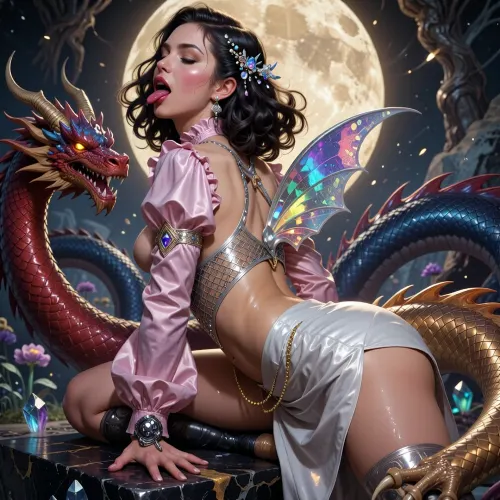 Digital fantasy illustration, epic painterly style with visible textured brushwork and rich saturated color, a radiant ethereal woman on her hands and knees atop a crystalline obsidian ledge, her spine arched high in rapturous ecstasy, head thrown back with eyes squeezed shut and mouth wide open in a breathless moan of total pleasure. Her voluminous shoulder-length dark curls are styled in an intricate braided updo at the top of her head, cascading with sparkling crystal headpieces that scatter prismatic rainbow light across the scene. Her face glows with flushed rosy cheeks, bold glossy red lips parted around a soft gasp, smoky heavy-lidded eyes lost in bliss. Her delicate ruffled pink satin blouse with its high collar is yanked open and pushed up to her midriff, the futuristic metallic mesh halter-neck bodice stretched taut across her arched back with asymmetrical cutouts glistening, the high-waisted asymmetrical wrap mini skirt bunched high at her hips with the diagonal slit stretched wide and the thin chain tie pulsing warm amber. Sculptural holographic shoulder pads and shifting iridescent sequins shimmer across her strained disheveled outfit. Three massive fantasy dragons surround and fuck her relentlessly, a crimson-scaled dragon behind her with its thick veiny scaled cock buried deep in her from the rear, massive taloned claws clamped hard on her hips, a deep azure dragon at her left flank with its broad thick shaft pressed firmly into her from the side, one massive scaled wing draped low over her shoulder, a molten gold dragon in front of her with its thick veiny cock thrust deep into her from the front, its long serpentine tongue lapping her flushed throat while her hand with a large dark statement ring grips a tuft of its thick mane. Glistening wetness and slick sheen visible at every contact point, her clothed outfit stretched and disheveled from the relentless pounding. The setting is a moonlit ethereal cavern with bioluminescent fungi and drifting motes of golden light, dramatic chiaroscuro fantasy lighting with warm golden moonbeams cutting through cool violet ambient glow, epic ArtStation fantasy concept art, 8K digital painting, dynamic foreshortening, commanding central composition.