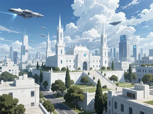 painterly anime artwork, Attack on Titan style futuristic modern city with white building and trees, in center of the city there is a modern white palace with spiky towers. Some spaceships in the sky, world-class masterpiece, fine details, breathtaking artwork, painterly art style, high quality, 8k, very detailed, high resolution, exquisite composition and lighting.