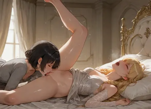two women, in castle, curtains, ({princess, (blond long braids), small breasts, silk night gown, long sleeves, legs apart, lying on bed, trembling, moaning, orgasm, squirting, (dripping juices:1.2), }), ({woman, black short hair, plain grey linen dress, licking princess pussy, cunnilingus})