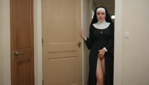 nun standing in doorway, playing with pussy, watchingman wanking his with big cock