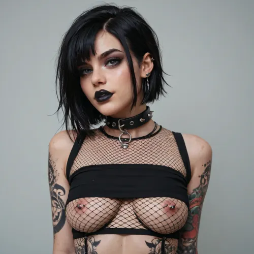 Cute alt girl. Dark hair. Emo haircut. Black lipstick . Nice tits. Fishnet top. Tattoos. Bondage collar.