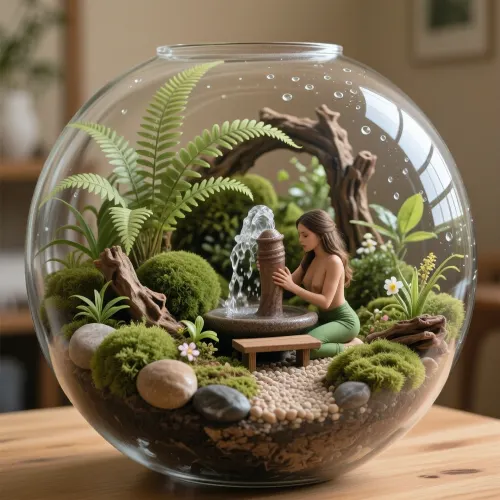 A miniature crystal ball garden enclosed behind clear glass, viewed from side close-up at eye level, its lush, carefully layered landscape appearing like a tiny world suspended in a vessel. with a splashing penis-shaped fountain, In front of the penis-shaped fountain stands a bench, topless adult woman with green clothing are engaging in amorous activity with the penis-shaped fountain. Delicate ferns, cushiony emerald moss, tiny-leaved groundcover, and a many petite flowering plants grow among smooth river stones and weathered pieces of bark. A narrow winding path of pale gravel leads toward a miniature driftwood arch, while beads of condensation cling to the curved glass and catch the light. Arrange the plants at varied heights, with fine fronds reaching upward and soft moss filling the foreground, creating depth and natural abundance without clutter. Place the terrarium on a simple wooden tabletop against a softly blurred, warm neutral background, with subtle hints of a quiet indoor room. Gentle morning light enters from one side, illuminating translucent leaves and casting delicate shadows, rich greens contrast with earthy browns, muted stone gray, and small touches of fresh spring color. Emphasize the tactile textures of damp soil, velvety moss, glossy foliage, rough bark, and reflective glass. Intimate, peaceful, and quietly magical, the image blends botanical still-life photography with a refined miniature-world aesthetic, crisp central detail, shallow depth of field, natural color grading, and soft cinematic light.