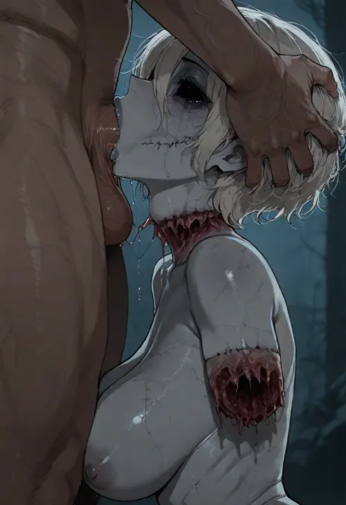 (ratatatat74), (zombie girl, thick lips, cute, stitches, rotting flesh, missing eye, amputee), deepthroat, throat bulge, side view, <lora:ratatatat74-000050:2>
