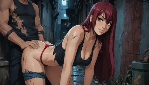 Score_9, score_8_up, score_7_up, (reiq meets gavatino artstyle, 22 year old homeless woman, Erza Scarlet from Fairy Tail, dirty torn clothing tank top bra off at one shoulder, cleavage, dirty back alley, night), long lush hair, erect nipples, standing, (fucked from behind by a black man, doggy style:1.4), thong panties fulled down, cute, close-up, (focus on cleavage:1.2), sexy smile, doodle, ratatatat74, <lora:cutedoodle_XL-000012:.3>, <lora:ratatatat74-000050:.2>, <lora:NEOTOKIOXL_0.2_RC:.1>, <lora:outline_xl_kohaku_delta_spv5x:.2>