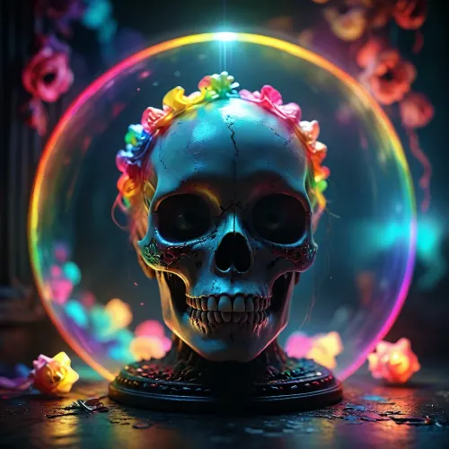 [KTA], (Dark Fantasy Artwork), luminous shadow, a circular glowing rainbow featuring the image of a belle elaborate skull, /KlTTY-ART/, <lora:COMFYUI_mimic_landscape_-_XL_SDXL v2.0:.5>, <lora:MJ52:.5>