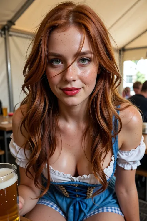Beer tent interior scene, close-up, beautiful woman, beauty, cute, slim, deep green eyes, red lipstick, (long redhead hair, extremely long hair, wavy hair, tousled hair across face:1), (slight smile:1), freckles, realistic, detailed skin texture, moist skin, (blue and white Bavarian dirndl with short skirt:1.2), sleeves, detailed skin, pale skin