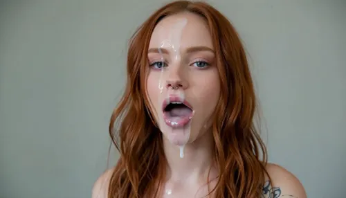 a tall skinny dutch ginger emo girl has her mouth slightly open and completely full of cum, she can barely keep the massive amount of cum inside her mouth, cum on forehead and nose, cum in eyes, she is incredibly beautiful, she has a very cute narrow face, emo makeup and piercings, full body picture, Canon EOS 5D Mark II, kodak, photo, tattoo, pale, cold, lighting