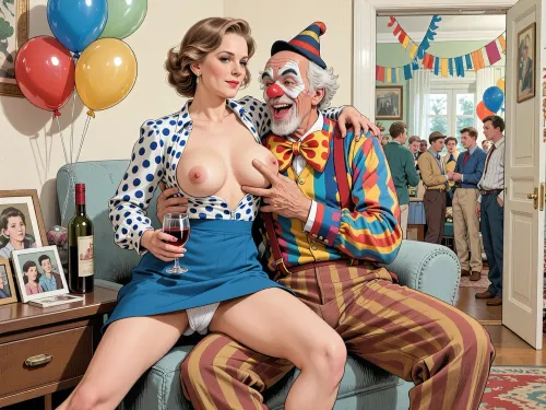 This is a detailed a classical illustrative style depicts a scene set in USSR in 1950s, Anna- very beautiful Russian drunk married woman 40 years old noble light-brown elegant hairstyle, slender, wide hips, her the legs are slightly spread apart, elicate noble facial features, expressive eyes, Anna is dressed in blue skirt a skirt with a raised hem revealing her white panties, and a open polka dot blouse showing her large saggy breasts with tight nipples, Anna is with slightly smile, She is sitting on an ordinary sofa in the living room of a Soviet apartment and hugs of a detailed male clown—50 years old With a mocking laugh —wearing a full clown costume, complete with clown's trousers, a jacket, suspenders, a colorful shirt, an exaggeratedly large bow tie, a red nose, and a tiny hat, who paws her hard, squeezing her tits with his fingers with a mocking laugh. Anna holds the glass with wine in her hand, a bottle of wine and her family photos are on the bedside table next to her.A private party decorated with balloons, streamers, with many neighbors can be seen in the background through the open door.retro, full body view. The overall mood is intense, rendered in fine, expressive line work and subtle shading, evoking the style of 1950s satirical or moralistic illustrations.