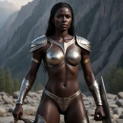 one person, woman knight, warrior, 28 Years old, Tall, very muscular, Fit, (dark skin:1.8), wide shoulders, broad shoulders, small breasts, Medium ass, long straight silver hair, golden armor, holding longsword and a big shield, battle scarred, partially nude, shaved pussy, Seductive pose, Standing, full body visible, realistic skin texture, realistic light, looking at viewer, Mountains, Dawn, backlit