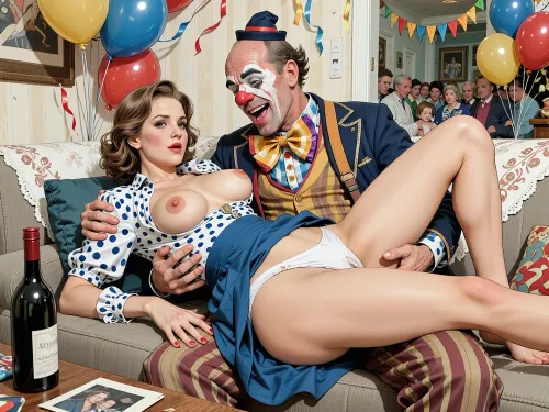 This is a detailed a classical illustrative style depicts a scene set in USSR in 1950s, Anna- very beautiful Russian drunk married woman 40 years old noble light-brown elegant hairstyle, slender, wide hips, her the legs are slightly spread apart, her her white panties are visible, elicate noble facial features, expressive eyes, Anna is dressed in blue skirt a skirt with a raised hem revealing her white panties, and a open polka dot blouse showing her large saggy breasts with tight nipples, She's lying on her back on an ordinary sofa in the living room of a Soviet apartment and hugs of a detailed male clown—40 years old With a mocking laugh —wearing a full clown costume, complete with clown's trousers, a jacket, suspenders, a colorful shirt, an exaggeratedly large bow tie, a red nose, and a tiny hat, who paws her hard, squeezing round butt in white panties with his fingers with a mocking laugh, a bottle of wine and her family photos are on the bedside table next to her.A private party decorated with balloons, streamers, with many neighbors can be seen in the background through the open door.retro, full body view. The overall mood is intense, rendered in fine, expressive line work and subtle shading, evoking the style of 1950s satirical or moralistic illustrations.