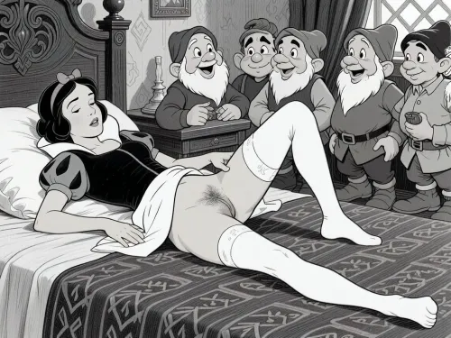This is a detailed a classical illustrative style depicts a scene set in Disney cartoon style, 18yo Snow White from a Disney cartoon lying on her back on the bed with her dress lift, white stockings, sleeping, exposed pussy, hairy pussy view, (hairy pussy:1.1), (detailed vagina), perfect body, cute tall girl, medieval dwarf bedroom setup, seven dwarfs are standing at Snow White's feet and happily looking at her, Snow, White. The overall style is a black and white pencil drawing, capturing a candid moment. The scene has a formal, organized atmosphere. The overall mood is intense, rendered in fine, expressive line work and subtle shading, evoking the style of 1950s satirical or moralistic illustrations.