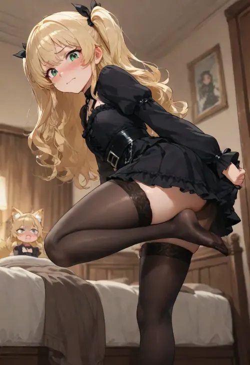 cute, young, short height, very long pigtails, blonde wavy hair, three soft fox tails sways behind back, green eyes, innocent, cute fang, goth outfit, black stockings, anime style, detailed shading, ((in a bedroom, strong blush, wide and teary eyes, embarassed, short skirt, leg up, adjusting stocking))