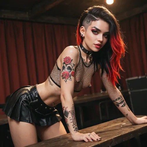 19 year old emo girl. Skinny. Small tits. Black collar. Tattoos. Colored hair. Pierced nipples. Long sleeve fishnet top. Tiny black skirt. At a rave. Bent over a table getting fucked from behind.