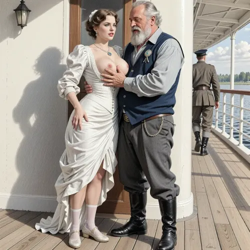 This is a detailed monochromatic colorful pencils drawing in a classical illustrative style depicts a scene set in Russian Empire in 1910s, traveling by steamer on the river, in the left part of the picture, in the shadow around the corner of the steamer's superstructure, there is a very beautiful noble Countess Anna, 30 years old, and a obese bearded merchant Ivan 70 yo, who hugs her and roughly imperiously paws her developed sagging breasts with his hands, Anna is dressed in a beautiful white rich dress with the hem turned up, her silk stockings is visible, she is wearing shoes, jewelry, slender, elicate noble facial features, expressive blue eye, slightly smile, merchant Ivan is dressed in a loose gray shirt, a dark blue vest with a pocket watch chain, dark gray wide trousers and black boots, merchant Anton mockingly laughs at her, in the right part of the picture in the background, a officer strolling along the deck with his back to them, he does not see Anna and Anton hiding around the corner.