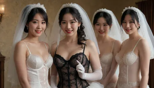 Victorian style, full body, group of 3, 50 years old japaneses, bridal lingerie, 19e english brothel, visible pussy, hairy pussy, devil smile, veil, gloves