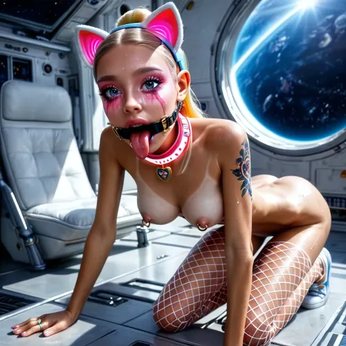 (spacecraft white large control room:1.4), ((closeup narrow very beautiful innocent looking face view:1.8)), (young low skinny girl with fake implanted spherical big breasts:1.6), (on knees and elbows:1.7), (upper body forward down:1.5), (perfect:1.5), (skinny very flat ass up a little:1.5), (small very beautiful petite woman:1.5), (young Ukrainian model cutie:1.4), (sweaty:1.1), ((short stature slender fit skinny body:1.7)), ((small thin waist:1.7)), ((very large distance between legs:1.7)), (very wide very low pelvic:1.4), (wide shoulders:1.7), (very shapely legs very spread apart:1.7), (nipple ring piercings:1.3), ((detailed beautiful blue-dark eyes:1.7)), (perfect glowing light pink thin lips:1.5), (light white electronic wide mouth spreader ring gag:1.7), ((very wide thin extremely long wide smooth light tongue out down:1.8)), ((round tongue's end:1.6)), (wide open big mouth:1.7), (light blonde with rainbow smooth silky straight hair ponytail:1.5), ((very large distance between rounded spherical breasts:1.7)), (tan fair skin:1.5), (thin beautiful eyebrows), (very gorgeous:1.5), (sexy:1.4), (satisfied:1.6), (glowing white fake small short cat ears:1.4), (glowing pink massive very oversized electronic collar device:1.7), (tattooed body:1.4), (glowing tattoos:1.3), (seductive sexy makeup:1.5), (very long eyelashes:1.5), lipstick, (stunning:1.3), (dimples:1.4), (white sneakers:1.3), (glowing pink fishnet stockings:1.5), (on white soft mat:1.3), (many children's toys:1.5), (masterpiece), <lora:Microwaist_XL_v01:1.5>