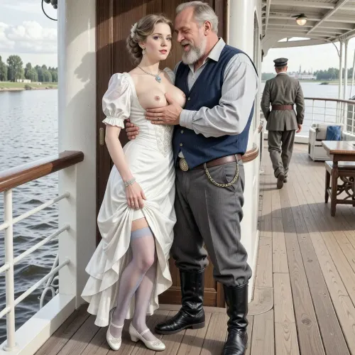 This is a detailed monochromatic colorful pencils drawing in a classical illustrative style depicts a scene set in Russian Empire in 1910s, traveling by steamer on the river, in the left part of the picture, in the shadow around the corner of the steamer's superstructure, there is a very beautiful noble Countess Anna, 30 years old, and a obese bearded merchant Ivan 70 yo, who hugs her and roughly imperiously paws her developed sagging breasts with his hands, Anna is dressed in a beautiful white rich dress with the hem turned up, her silk stockings is visible, she is wearing shoes, jewelry, slender, elicate noble facial features, expressive blue eye, slightly smile, merchant Ivan is dressed in a loose gray shirt, a dark blue vest with a pocket watch chain, dark gray wide trousers and black boots, merchant Anton mockingly laughs at her, in the right part of the picture in the background, a officer strolling along the deck with his back to them, he does not see Anna and Anton hiding around the corner.