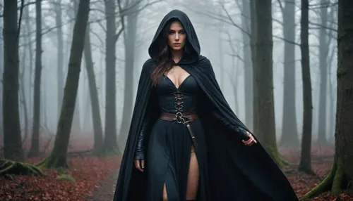 Dark cinematic fantasy forest, mysterious atmosphere, full body photo, sword at the hand, sexy tight elegant layered mediaeval outfit, medium breasts, front viewer, realistic 4K. A mysterious adult woman with long dark hair, wearing a dark hooded cloak, fog grows denser between the trees., hinaigirl, <lora:MaybeBetterFaceInFullBodyLora_XL_rev3:1.4>