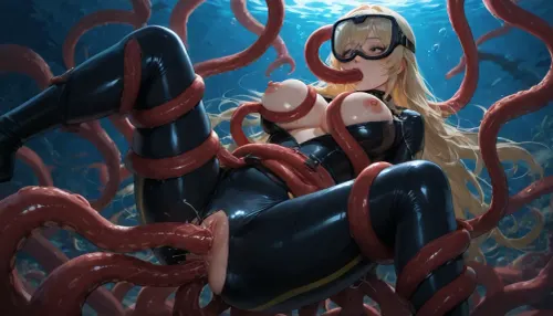 underwater, sexy female diver in shiny black diving suit, long blond hair, (red octopus tentacles grabbing the woman and squeezing her breasts), beautiful face, big beautiful black eyes, shocked look, ((((floating)))), ((big red tentacles around waist)), (((ripped diving suit))), tentacle in ass, two big tentacles in pussy, blowjob, fucking, penetrating, ahegao, orgasm look, realistic lights and shadows, many air bubbles around face, diving mask, other divers watching, ultra wide shot, beautiful, low light, 4k