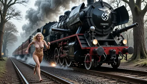 An extremely beautiful, naked blonde woman with a very sexy body is fleeing in terror along railway tracks, pursued by a speeding locomotive. Her eyes are filled with fear and dread. The frame captures a massive, high-speed steam locomotive racing along gleaming steel tracks, black smoke billows, and sparks fly from beneath its large steel wheels. On the front of the locomotive, the emblem of the German SS—a white skull and crossbones—is visible, along with an eagle, while large machine guns are mounted on the sides. The railway tracks glisten. The woman’s face is rendered in extreme, sharp detail. The scene is set against a backdrop of a forest with large, old trees, conveying a sense of immense speed. The woman is positioned in the foreground, running and escaping along the tracks. Every aspect of her—her face, eyes, body, arms, and legs—is depicted with perfect, intricate detail.