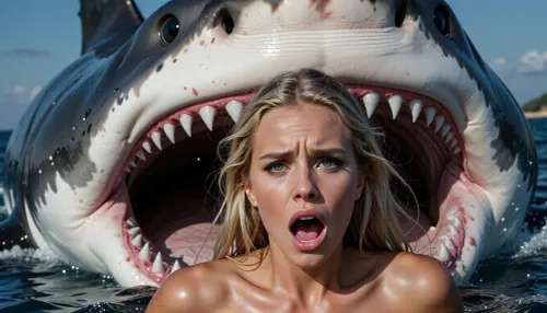 An extremely beautiful, naked blonde woman fleeing in the sea from a massive, man-eating great white shark. She is terrified, with sheer dread and fear visible in her eyes. The frame captures her face in striking, razor-sharp detail—her features are perfect, with large, wide-open eyes reflecting a desperate struggle for survival. Behind her, a colossal shark looms with its jaws agape, revealing its teeth and large, dark, sinister eyes.