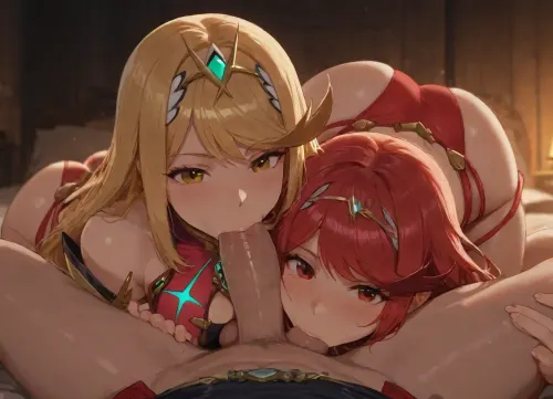 masterpiece, best quality, highly detailed, clear liner art style, 2 girls, (homura from Xenoblade_2, red outfits), (hikari from Xenoblade_2, golden outfits), (Xenoblade_2 art style:1.3), ., (homura and hikari sucking testicles together), POV blowjob, in bedroom, detailed fingers, detailed cock