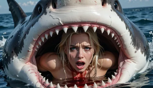 An extremely beautiful, naked blonde woman, her face and outstretched arms are visible inside the open jaws of a shark—she is pleading for help. The scene takes place at sea, featuring a massive, man-eating great white shark. The woman is terrified, with sheer horror and fear in her eyes. The frame captures her face in striking, vivid detail, alongside the enormous, open-jawed shark. There is blood inside the shark's maw and in the surrounding water, the shark’s teeth are visible, as are its large, dark, sinister eyes. The woman’s face is rendered with perfect, intricate detail—her eyes are wide open, reflecting a desperate struggle for survival.