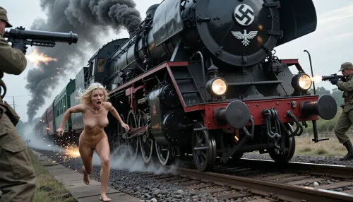 An extremely beautiful, naked blonde woman with a very sexy body is fleeing in terror along railway tracks, pursued by a speeding locomotive. Her eyes are filled with fear and dread. The frame captures a massive, high-speed steam locomotive racing along gleaming steel tracks, trailing black smoke, with sparks flying from its large steel wheels. On the front of the locomotive, the emblem of the German SS—a white skull and crossbones beneath an eagle—is visible. Large machine guns are mounted on the sides, and a soldier is firing one at the fleeing woman. The scene conveys immense speed, with the woman running for her life along the tracks. The woman’s face, eyes, body, arms, and legs are rendered with perfect, intricate detail.