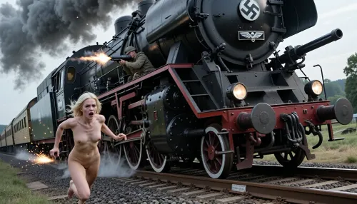 An extremely beautiful, naked blonde woman with a very sexy body is fleeing in terror along railway tracks, pursued by a speeding locomotive. Her eyes are filled with fear and dread. The frame captures a massive, high-speed steam locomotive racing along gleaming steel tracks, trailing black smoke, with sparks flying from its large steel wheels. On the front of the locomotive, the emblem of the German SS—a white skull and crossbones beneath an eagle—is visible. Large machine guns are mounted on the sides, and a soldier is firing one at the fleeing woman. The scene conveys immense speed, with the woman running for her life along the tracks. The woman’s face, eyes, body, arms, and legs are rendered with perfect, intricate detail.