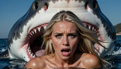 An extremely beautiful, naked blonde woman fleeing in the sea from a massive, man-eating great white shark. She is terrified, with sheer dread and fear visible in her eyes. The frame captures her face in striking, razor-sharp detail—her features are perfect, with large, wide-open eyes reflecting a desperate struggle for survival. Behind her, a colossal shark looms with its jaws agape, revealing its teeth and large, dark, sinister eyes.